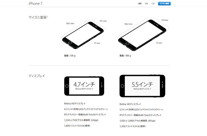 新モデルのサイズと重量、ディスプレイ/アップル公式サイトより