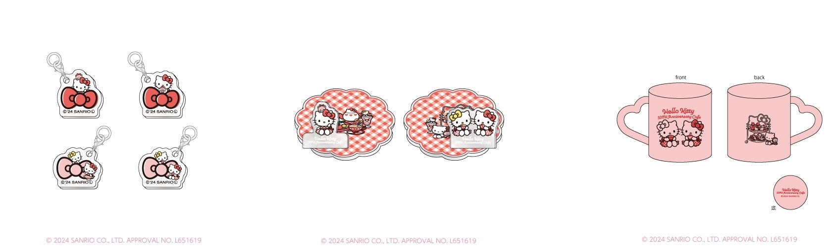 ストローチャーム（ランダム4種）税込660円、アクリルスタンドコースター(全2種）税込1,210円、マグカップ税込2,200円（C）2024 SANRIO CO．，LTD．APPROVAL NO．L651619