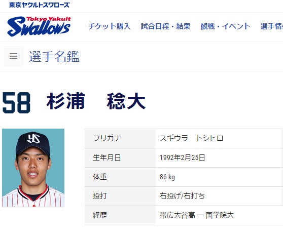 東京ヤクルトスワローズ公式ホームページより