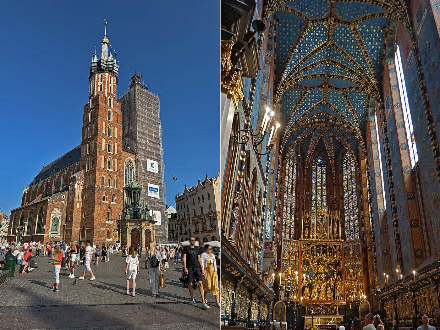 聖マリア教会の外観。取材時（2025年6月）は一部工事中だった（左）。中世から残るステンドグラスが美しい祭壇（右）