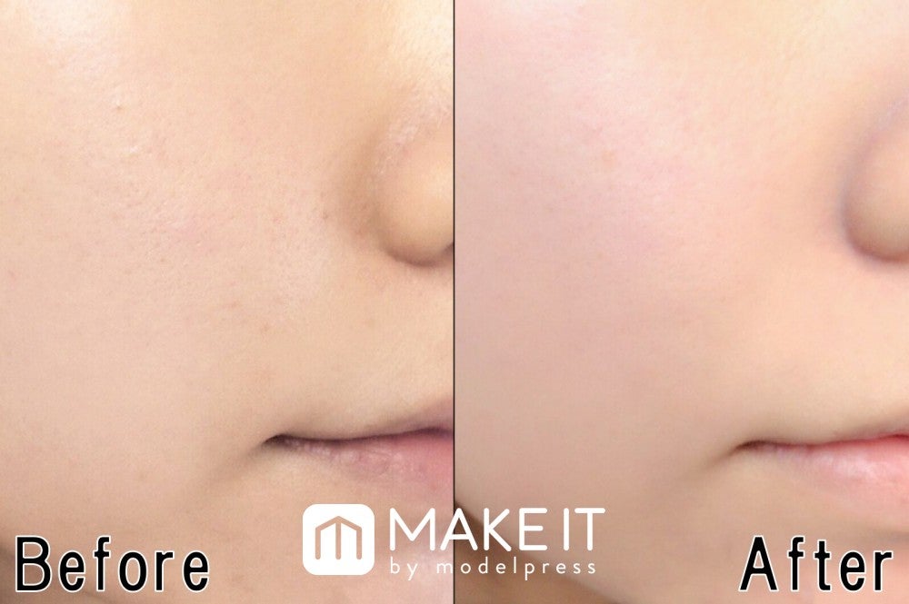  左：素肌／右：【セザンヌ】「皮脂テカリ防止下地」“ピンクベージュ”使用 (C)メイクイット