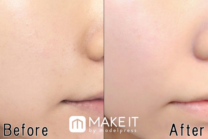 左:素肌/右:【セザンヌ】「皮脂テカリ防止下地」“ピンクベージュ”使用 (C)メイクイット