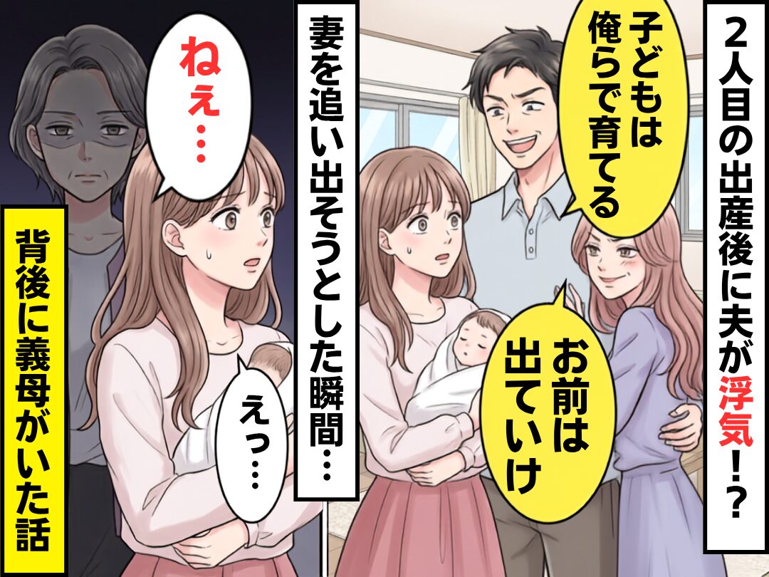 「子どもは俺らで育てる」「お前は出ていけ」若い女と笑う夫！？直後⇒背後にいた義母の“まさかの言葉”に妻が震えたワケ
