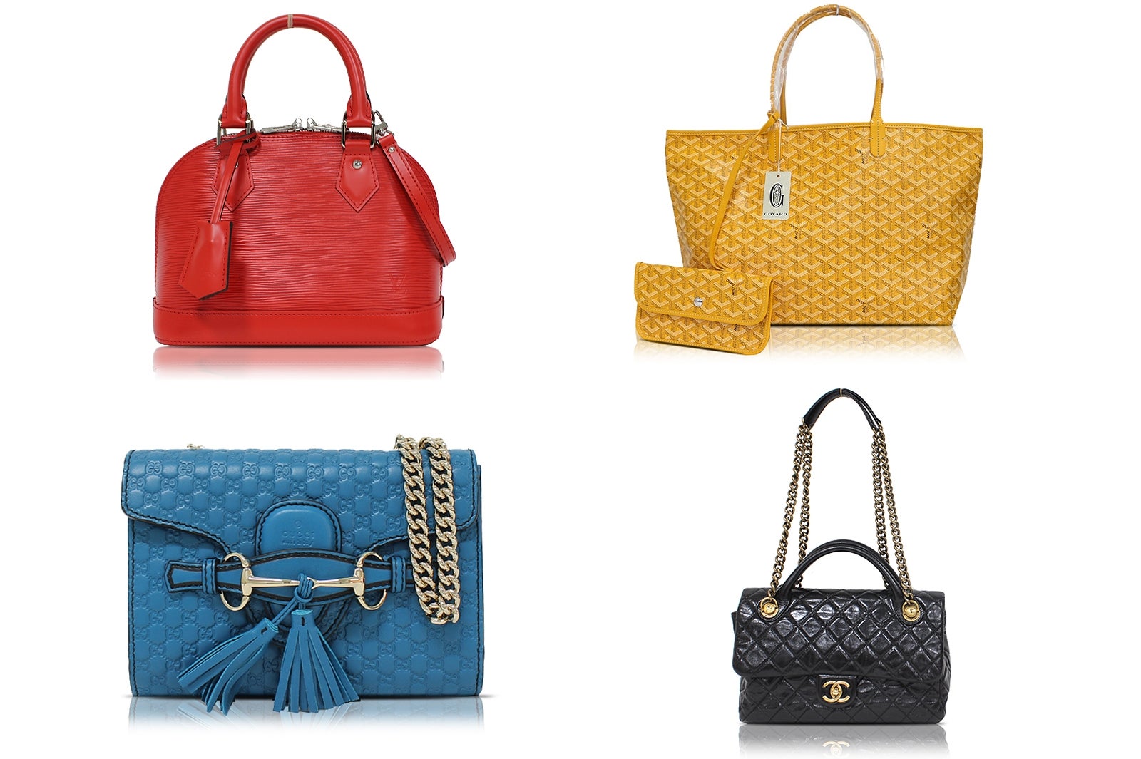 （左上から時計回り）ルイ・ヴィトン アルマBB／ゴヤール サンルイPM／シャネル マトラッセチェーン2WAYバッグ／グッチ ショルダーチェーンバッグ（画像提供：おお蔵）