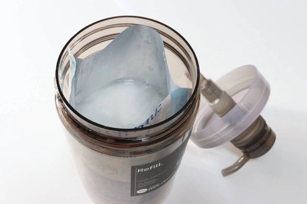 ダイソー　1dp　広口ポンプボトル　600ml　丸　アンバー　使用方法