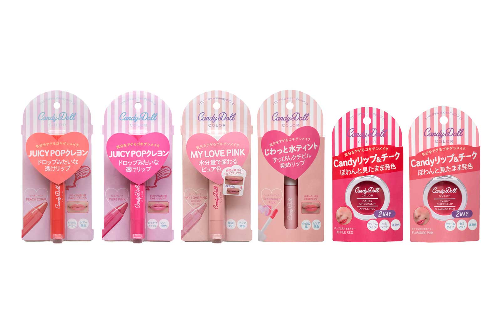 CandyDoll COLORシリーズ（左から）「ドロップクレヨンリップ」「カラーキープリップ」「キャンディリップ＆チーク」