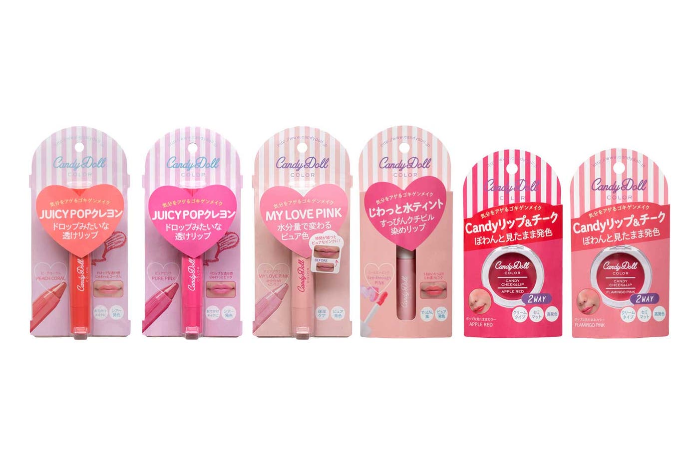 CandyDoll COLORシリーズ(左から)「ドロップクレヨンリップ」「カラーキープリップ」「キャンディリップ&チーク」