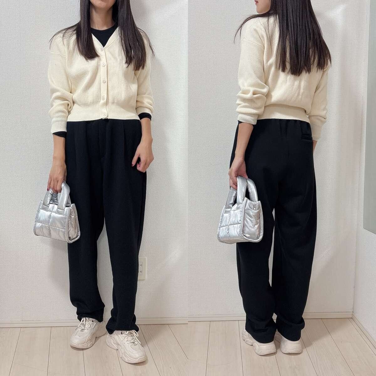 GUパフスウェットキャロットパンツのコンパクトトップスコーデ