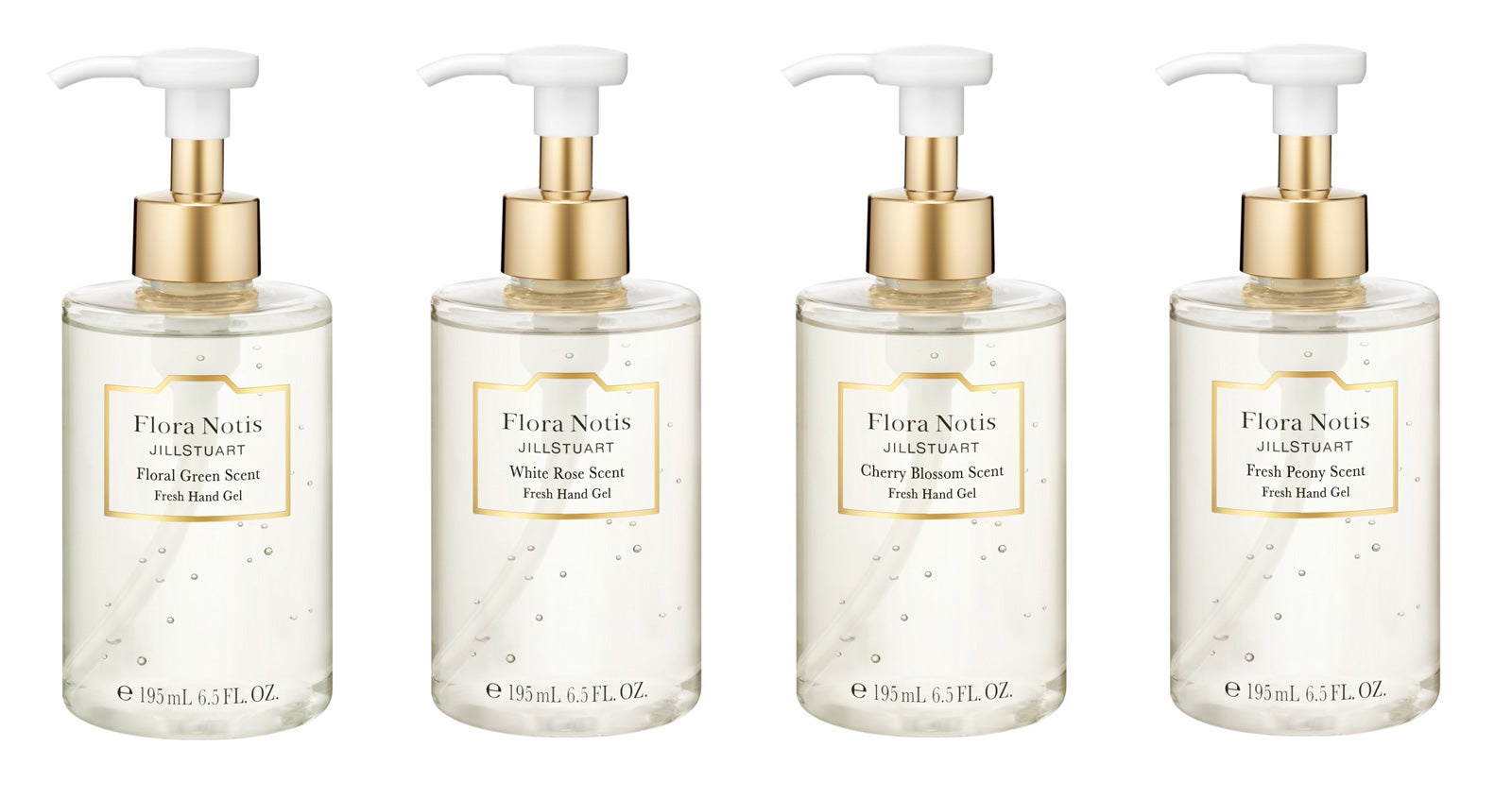 「フレッシュハンドジェル フローラルグリーン」「同 ホワイトローズ」「同 チェリーブロッサム」「同 フレッシュピオニー」（C）Flora Notis JILL STUART