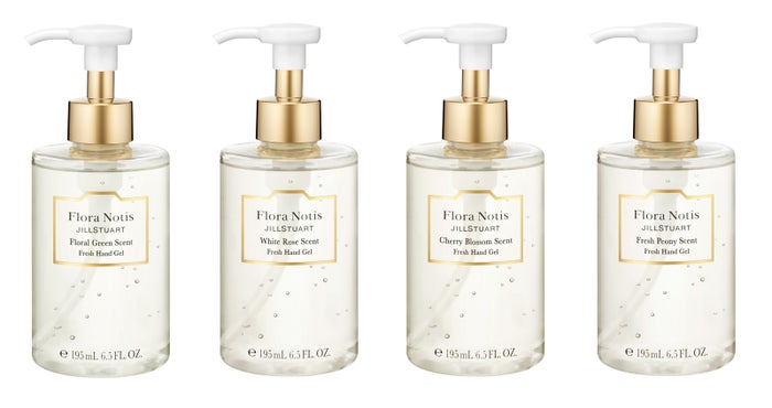 「フレッシュハンドジェル フローラルグリーン」「同 ホワイトローズ」「同 チェリーブロッサム」「同 フレッシュピオニー」（C）Flora Notis JILL STUART