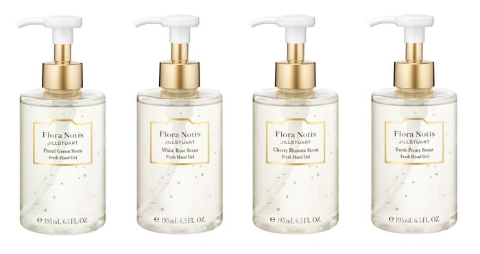 「フレッシュハンドジェル フローラルグリーン」「同 ホワイトローズ」「同 チェリーブロッサム」「同 フレッシュピオニー」(C)Flora Notis JILL STUART