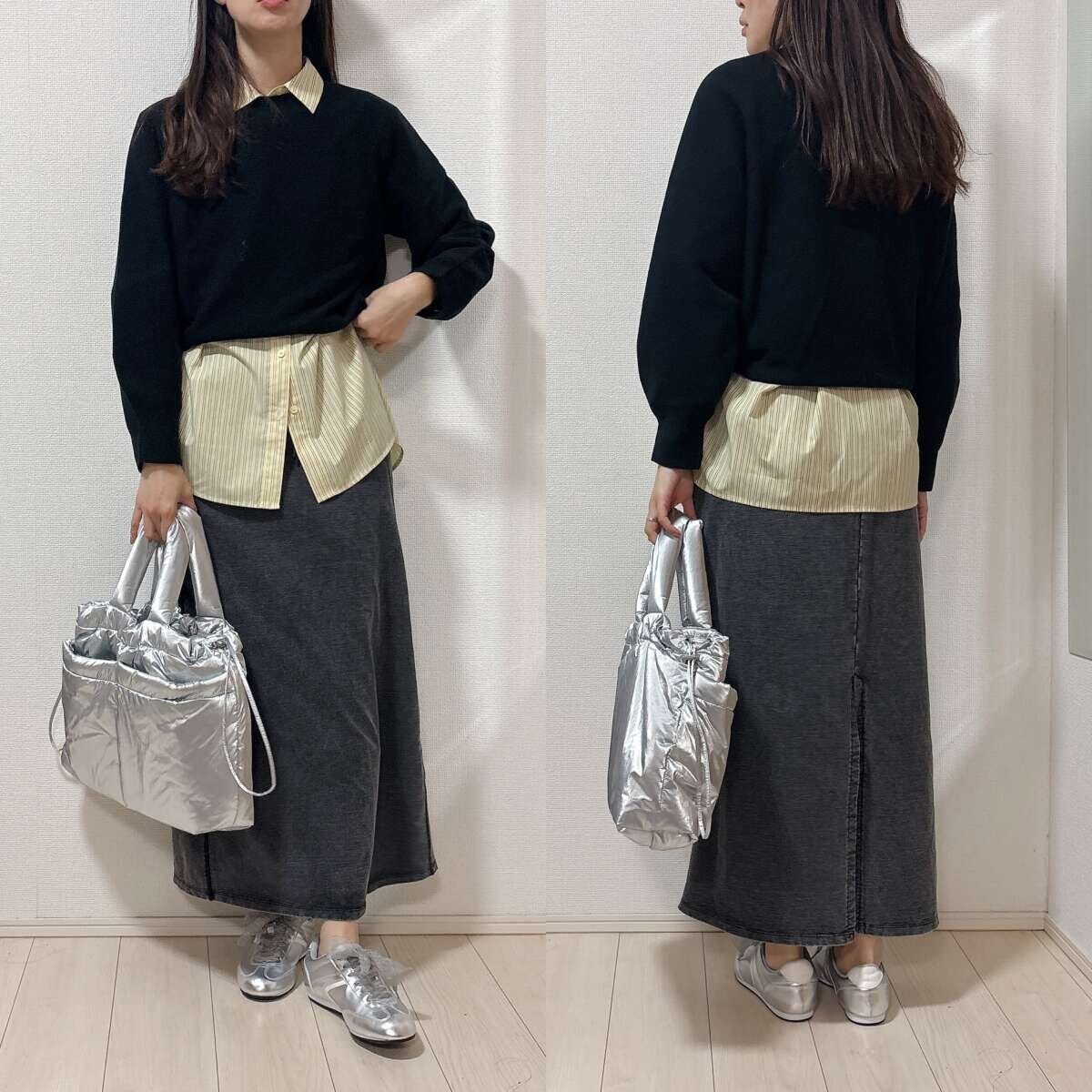 ユニクロ3Dコットンクルーネックボリュームスリーブセーターのシャツレイヤードコーデ