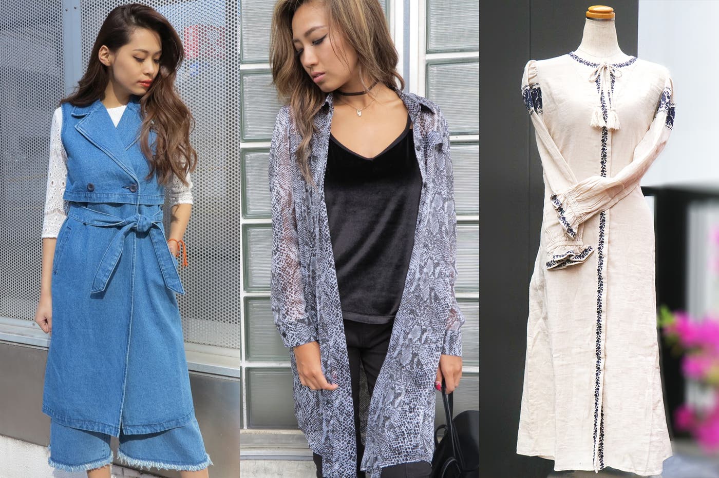 (左から)「EGOIST」デニムノースリJK ¥11,800→¥5,900 50%OFF/「EGOIST」パイソン柄シャツ ¥7,500→¥4,500 40%OFF/「MOUSSY」ワンピース ¥9,980→¥3,992 60%