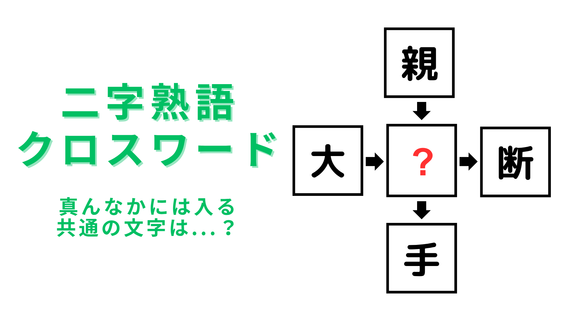 【二字熟語クロスワード】真んなかに入る漢字は？あなたならすぐ解けるはず！