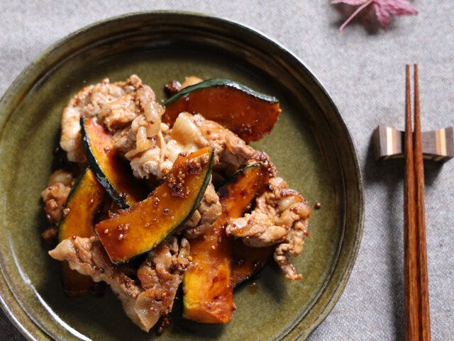 かぼちゃと豚肉の照り焼き粒マスタード炒め