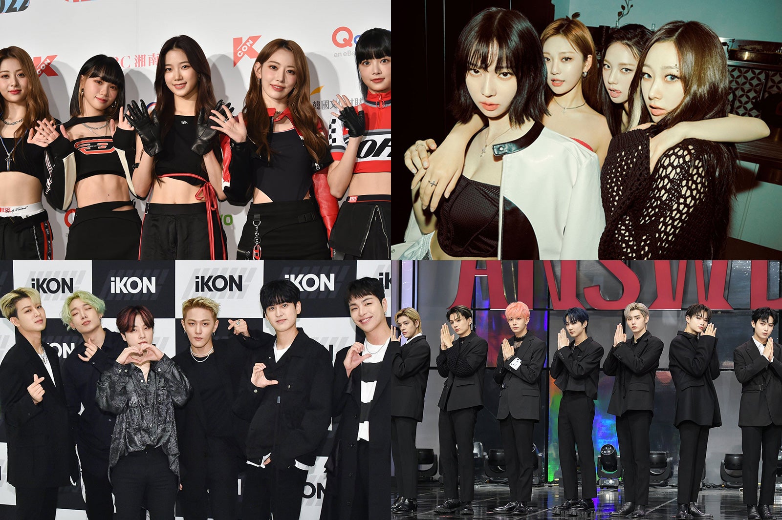 （上段左から時計回り）LE SSERAFIM （C）モデルプレス、aespa （提供写真）、ENHYPEN／Photo by Getty Images、iKON（C）モデルプレス