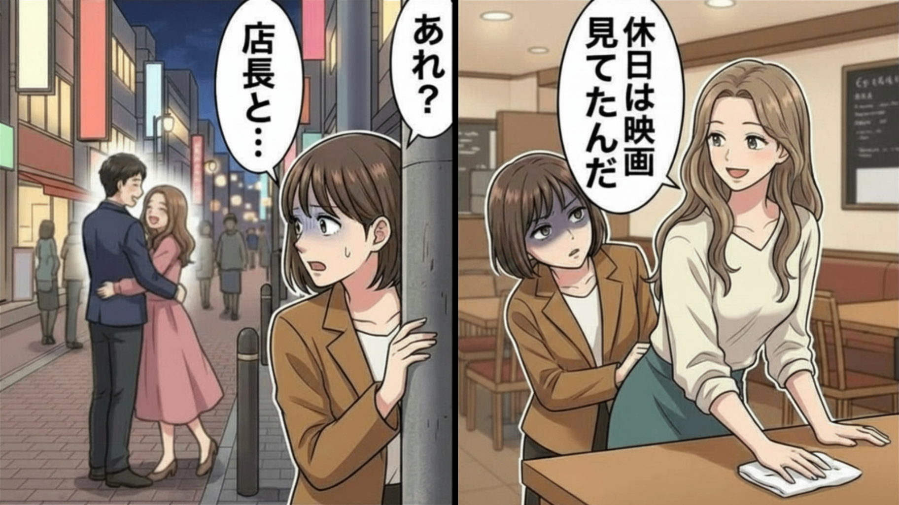 休日に彼女持ちの店長とバイト仲間の“デート現場”を目撃。主人公が見てしまった【信じられない光景】とは...！？