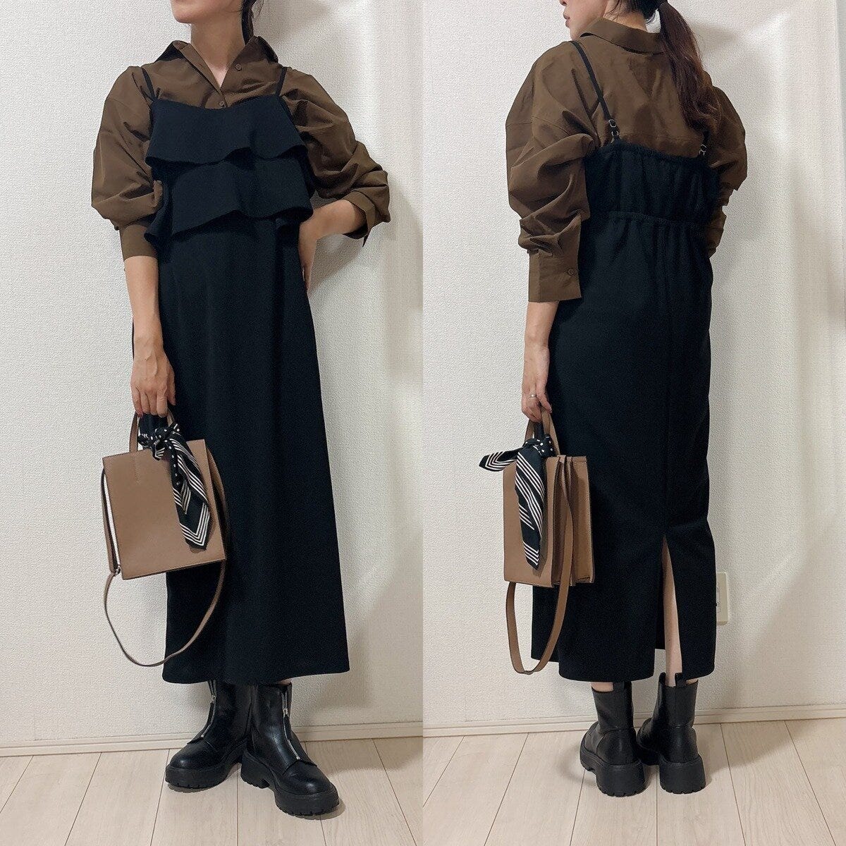 黒のキャミソールワンピースのインナーにブラウンシャツを合わせたコーデ 黒のキャミソールワンピースのインナーにブラウンシャツを合わせたコーデ
