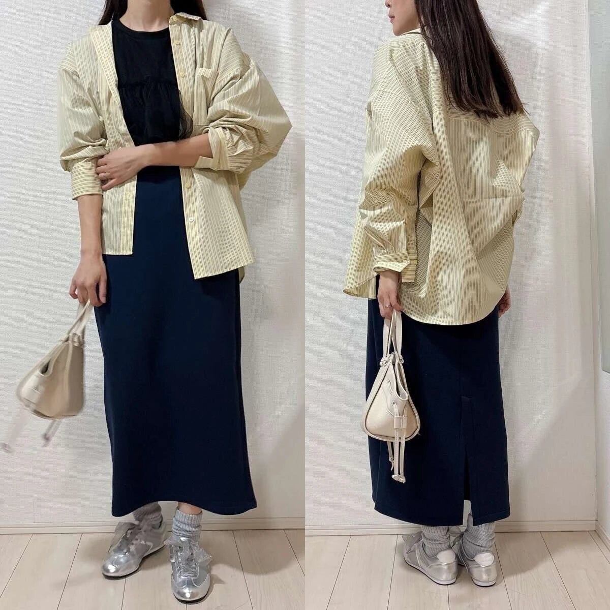 guドルマンスリーブストライプシャツイエロー羽織りコーデ