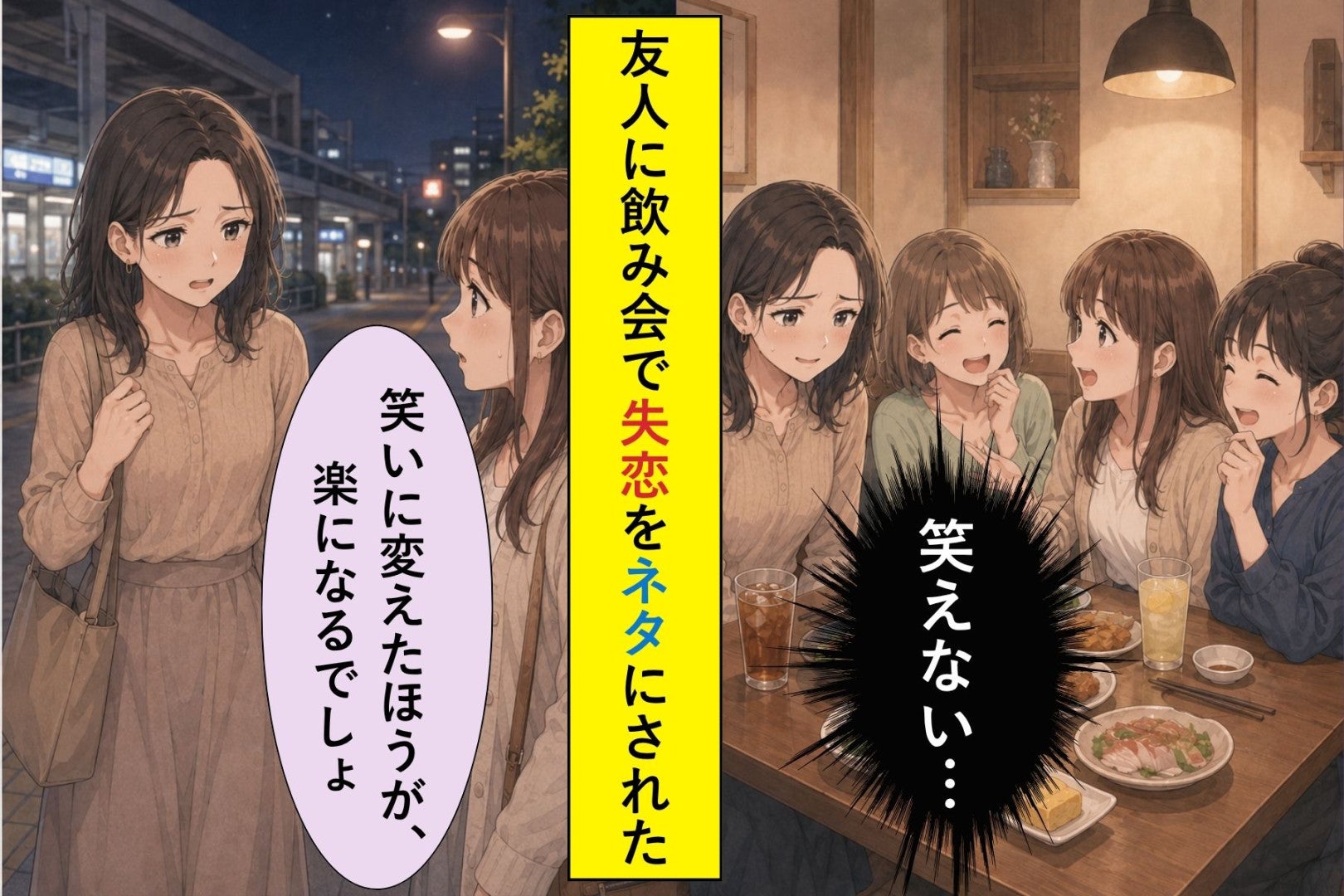 「笑いに変えたほうが、楽になるでしょ」私の失恋を飲み会のネタにした友人、帰り道で伝えた、まだ笑えない理由