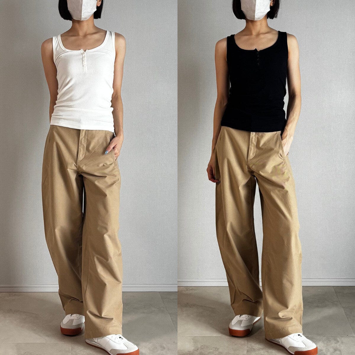 白と黒のタンクトップとベージュパンツを着用した女性 白と黒のタンクトップとベージュパンツを着用した女性