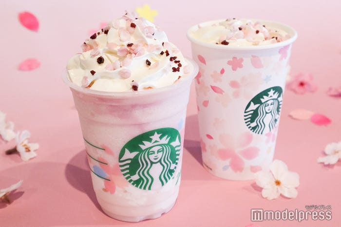 (左から)さくら ミルクプリン フラペチーノ、さくら ミルク ラテ(C)モデルプレス