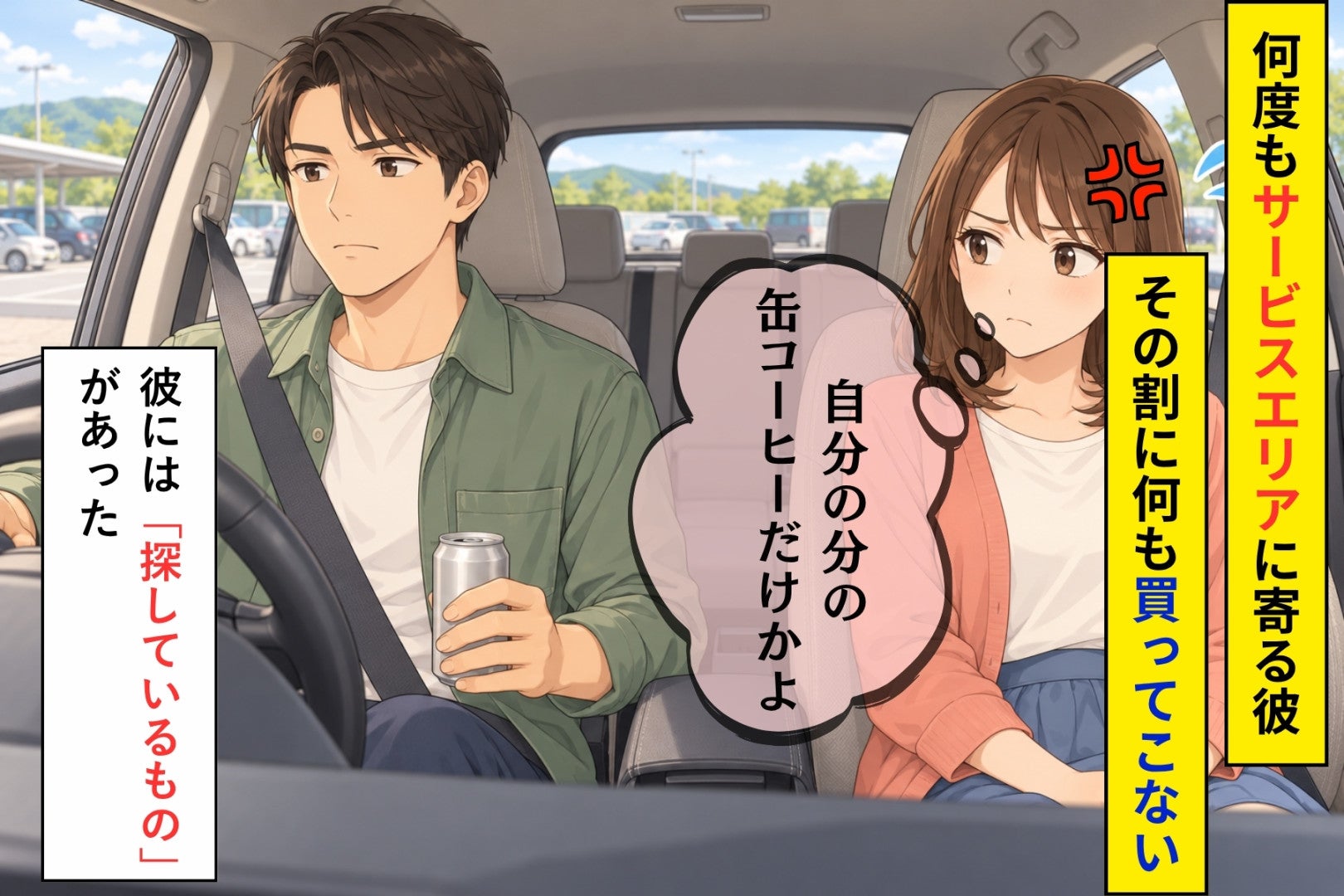 初めての遠出デートの帰り、高速でサービスエリアに３回も寄った彼。長く待たせて戻る手はほとんど手ぶら