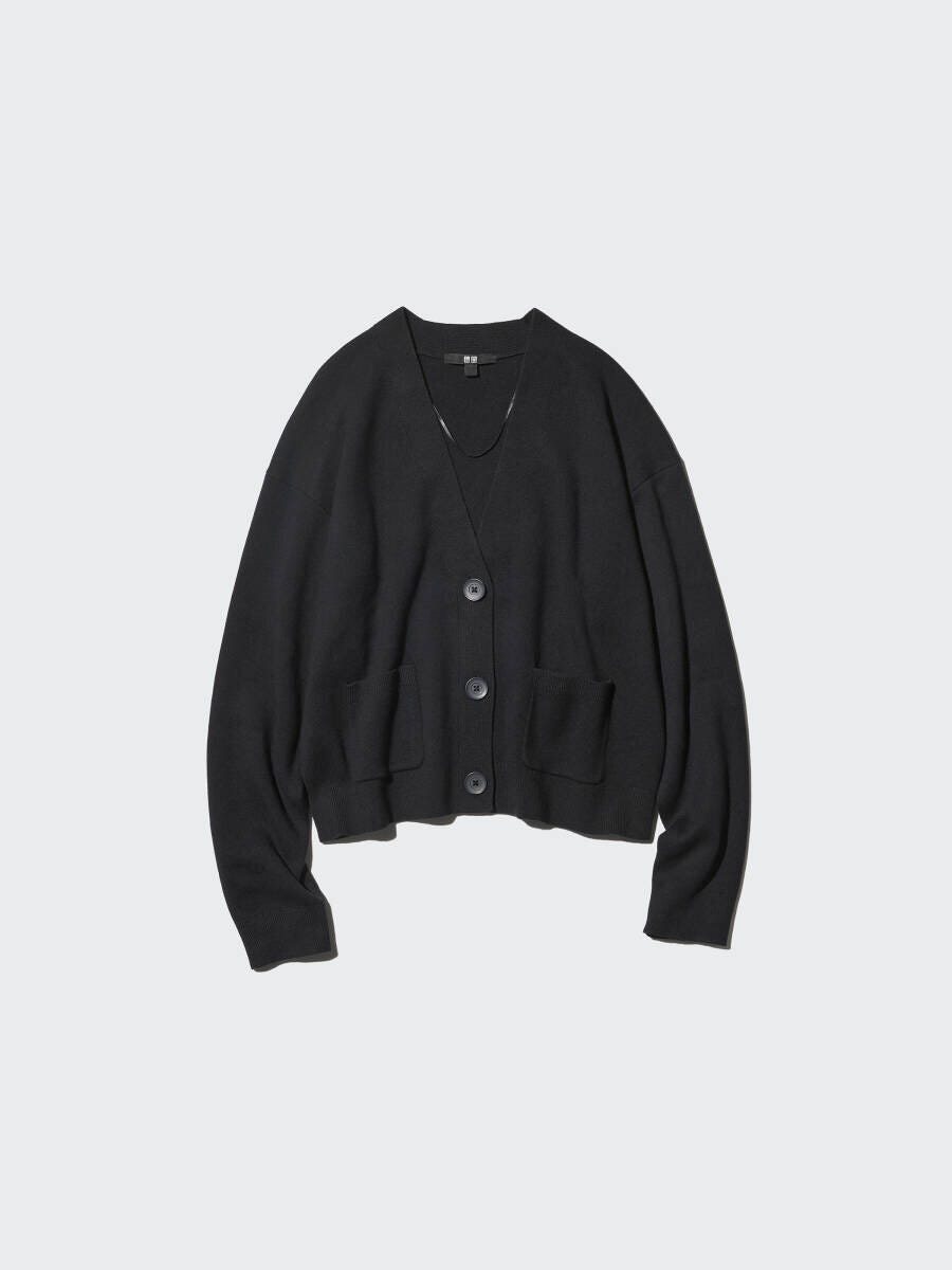 スムースコットンVネックショートカーディガン 2026春ユニクロ大人女性おすすめ黒スムースコットンVネックショートカーディガン