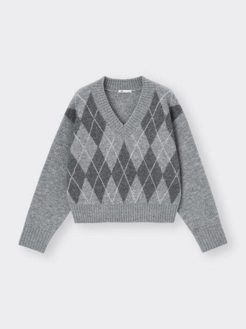 GU パフィータッチアーガイルVネックショートセーター GUのパフィータッチアーガイルVネックショートセーター