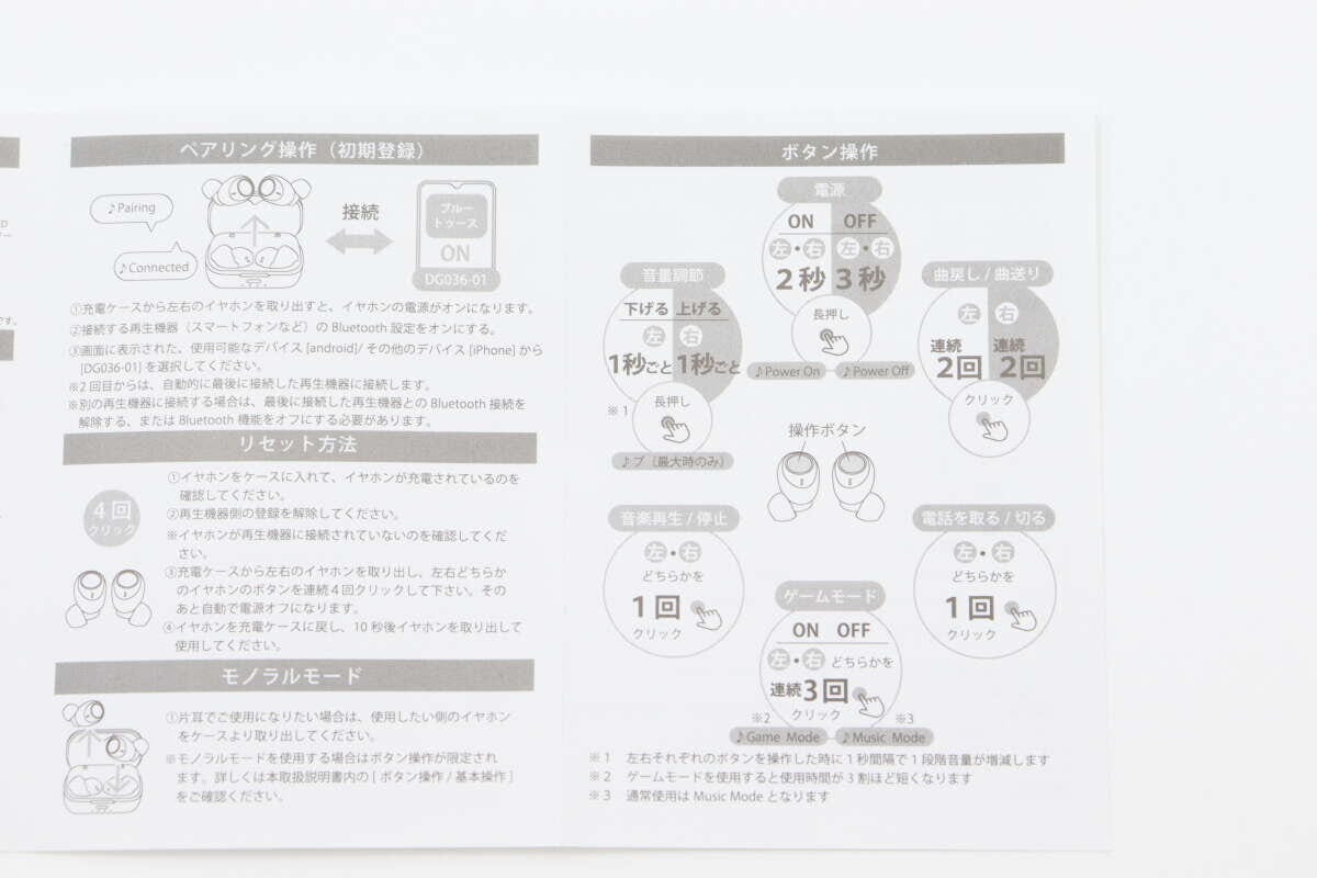 ダイソーの完全ワイヤレスイヤホンの説明書