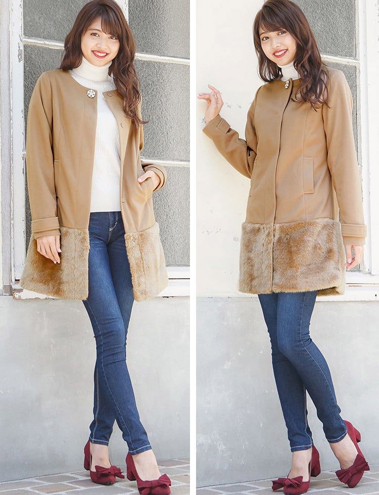 裾フェイクファー切替ウール調ノーカラーコート「神戸レタス」4990円（税込）／画像提供：神戸レタス