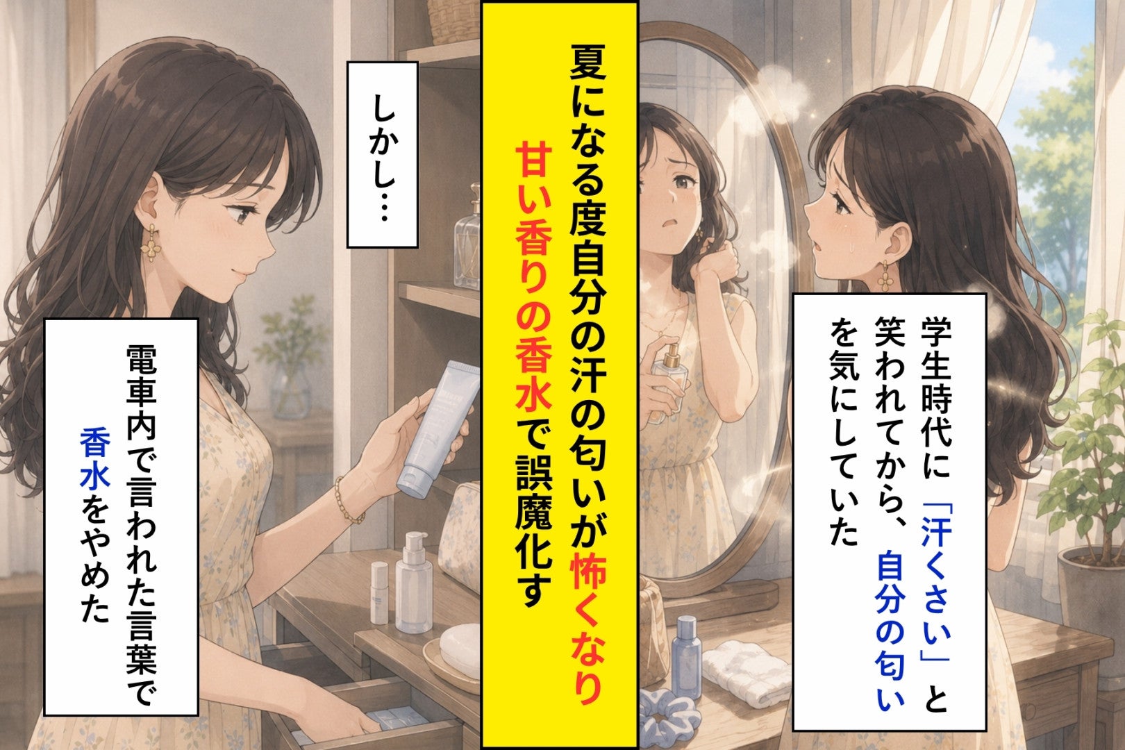 汗のにおいを隠すため香りを重ねた私、電車で聞いた率直な一言