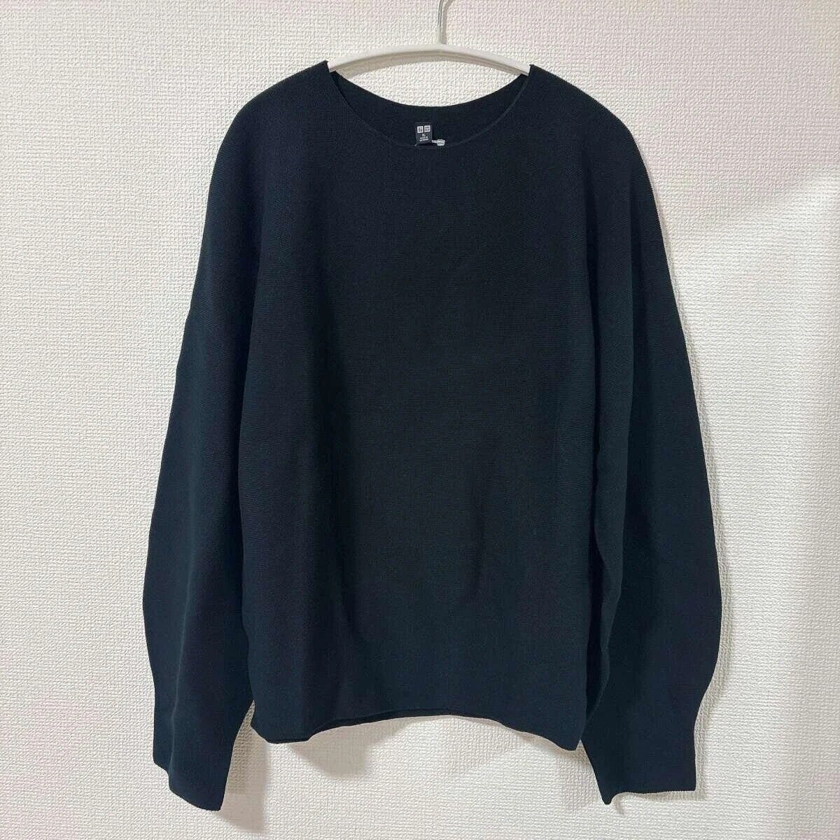 3Dコットンクルーネックボリュームスリーブセーター ユニクロ値下げ黒3Dコットンクルーネックボリュームスリーブセーター