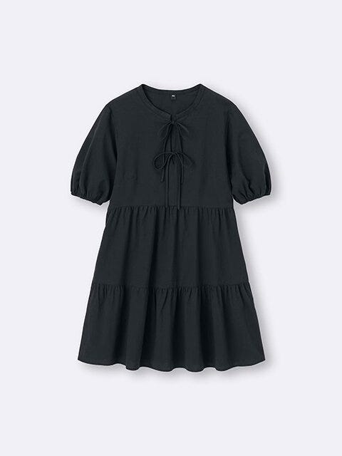 GU　コットンティアードミニワンピース（5分袖）　BLACK　