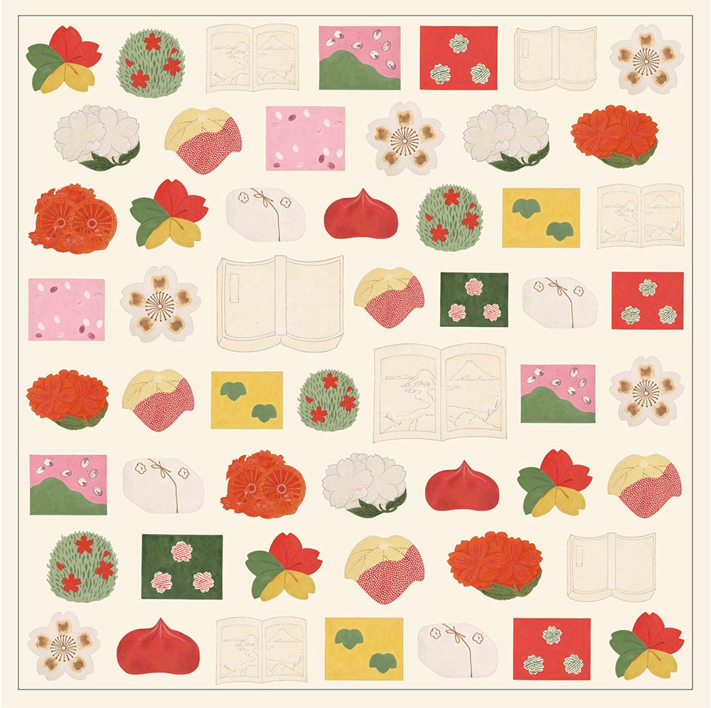 特製掛紙と特製風呂敷には、 大正時代に描かれた菓子絵図をデザイン／画像提供：TSUTAYA