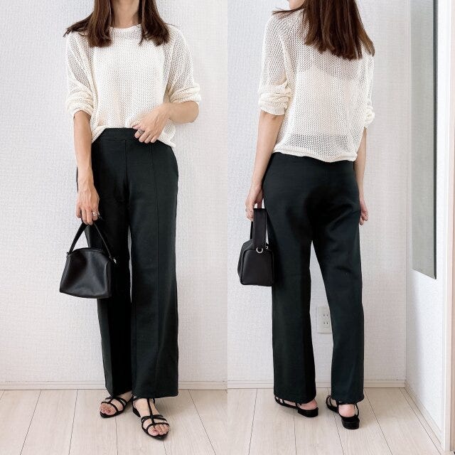 3Dメッシュクルーネックセーター　カラーパンツ　コーデ