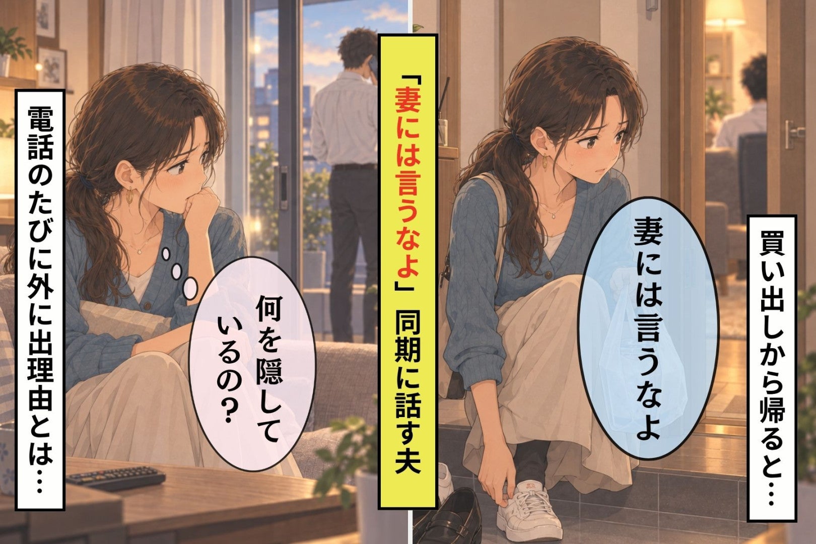 「妻には言うなよ」同期に話す夫の声を、私は玄関で聞いてしまいました