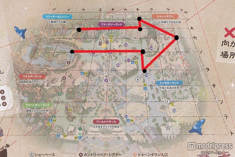 「ウス」「キス」「キシ」「ケセ」「キタ」「キソ」「ウソ」を繋ぐと「トゥーンタウン」を指し示す