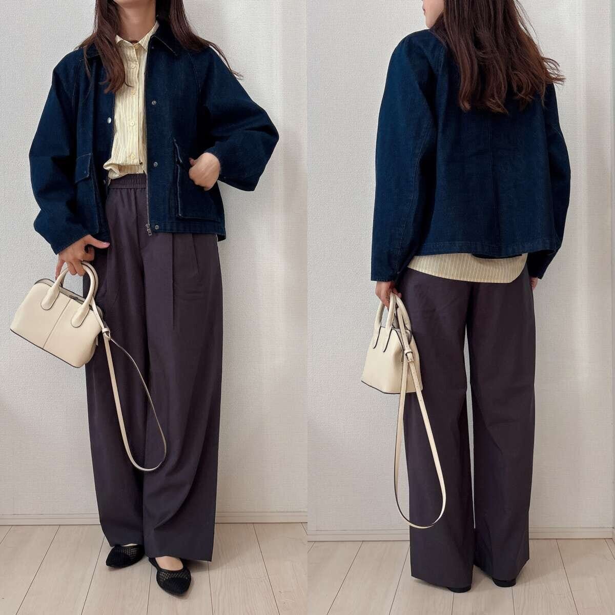 ユニクロ　ユーティリティショートジャケットデニム　ストライプシャツ×ワイドパンツきれいめコーデ