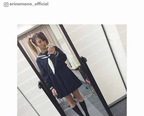 真野恵里菜、ツインテール&セーラー服で「顔めっちゃ不機嫌」なのも可愛い