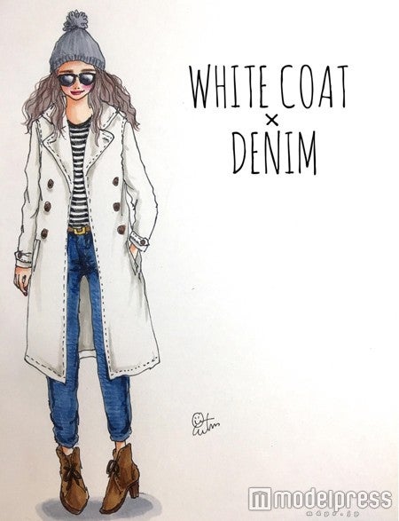 スリムなホワイトコートで冬の街の主役に