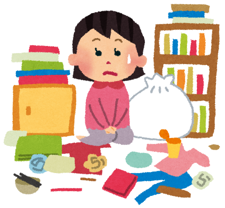 部屋を片付けられない女性のイラスト「散らかった部屋」