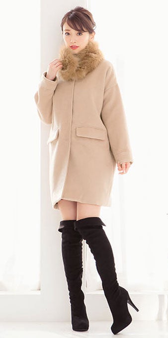 取り外しOKファーティペット付き2wayウール調ノーカラーコクーンコート「神戸レタス」4990円（税込）／画像提供：神戸レタス