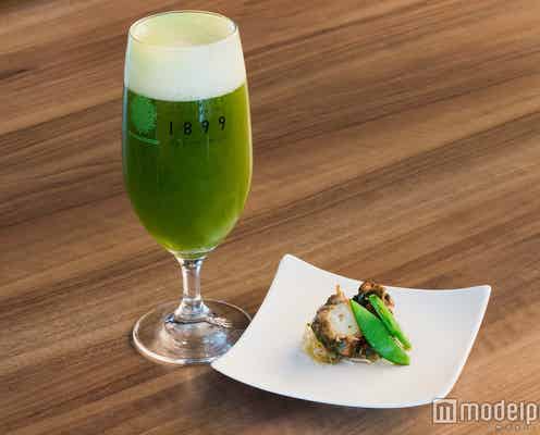 お茶がビールに変身「抹茶ビアガーデン」開催 食べ物もグリーンに