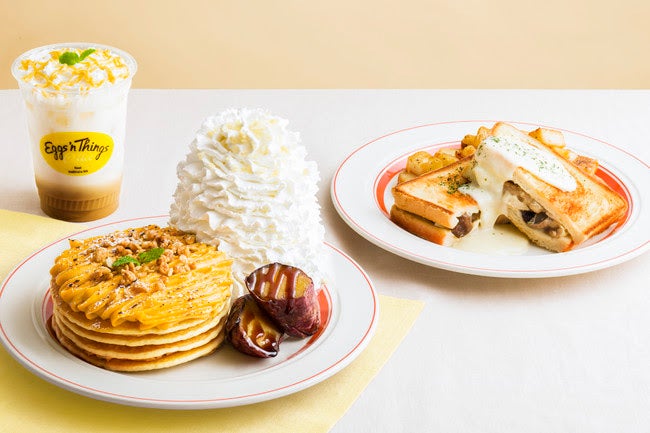 濃厚スイートポテトパンケーキ、4種キノコのグラタンサンド／画像提供：Eggs’n Things Japan