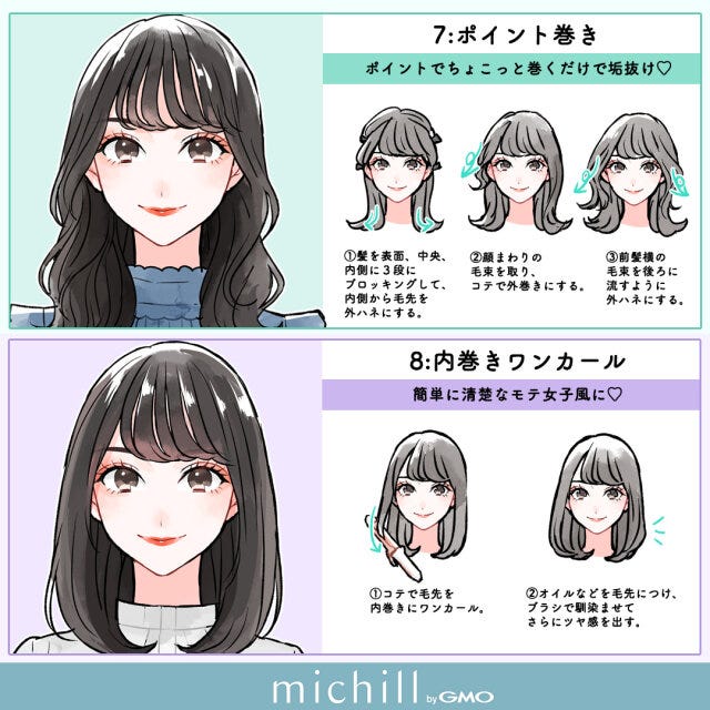 巻き髪　簡単すぎ　誰でもできる　今っぽヘア　8style　あおいみのこ　イラスト　ポイント巻き　内巻きワンカール