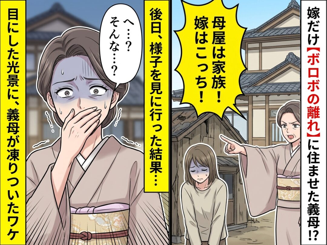 嫁だけ【ボロボロの離れ】に住ませた義母！？後日⇒様子を見に行った結果「へ…？そんな…？」義母が凍りついたワケ