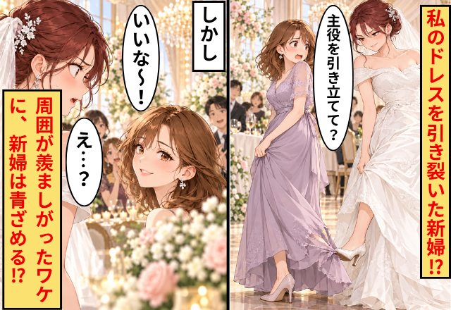「主役を引き立てて？」私のドレスを引き裂いた新婦！？しかし⇒「いいな～！」周囲が羨ましがったワケに、新婦「え…？」