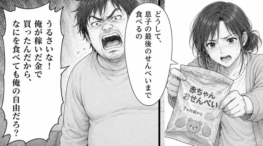 「俺が稼いだ金だから」と【赤ちゃんせんべい】まで食い尽くす夫！さらに「大食いは…」⇒義母の言い分に…絶句！？