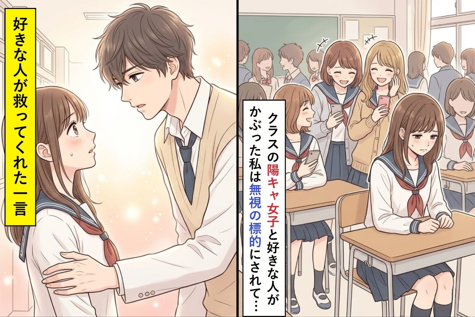 クラスの陽キャ女子と好きな人がかぶった私は無視の標的にされて...→好きな人が救ってくれた一言